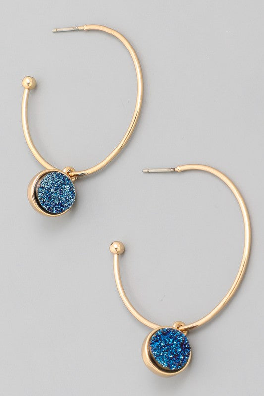 Gold Hoop Earrings with Blue Stone