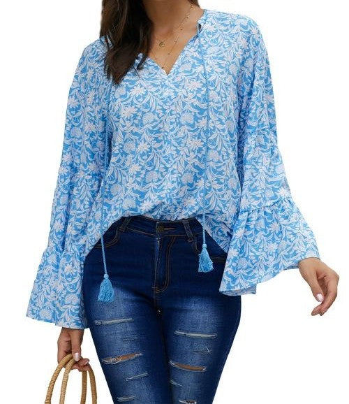 Sky Blue Flowy Top with Tassel Detail