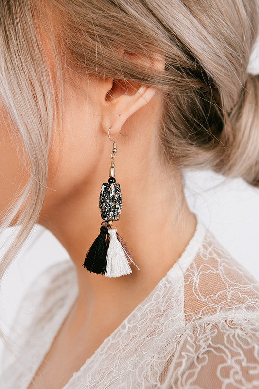 Black?Brown/White Stone Detail Earring with Tassel