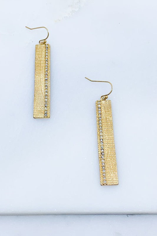 Textured Gold Bar Earrings with Rhinestone Detail