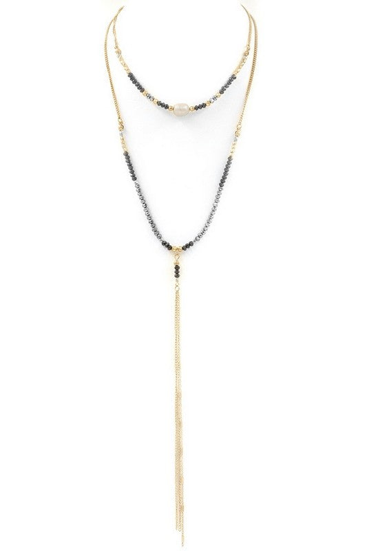 Faceted Bead Cream/Pearl Tassel Layered Necklace